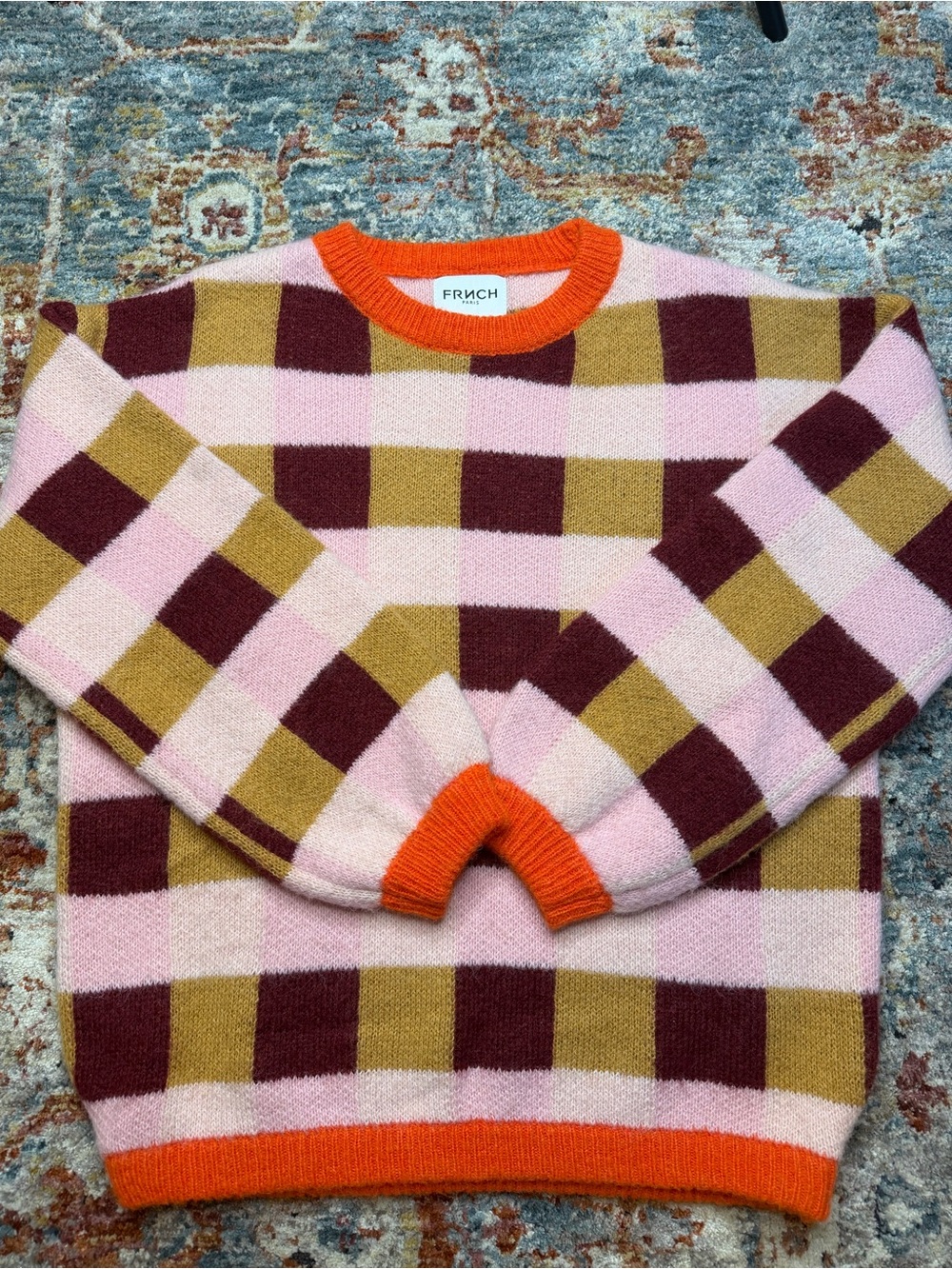 FRNCH Pink, Mustard & Wine Check Crewneck Sweater with Orange Trim